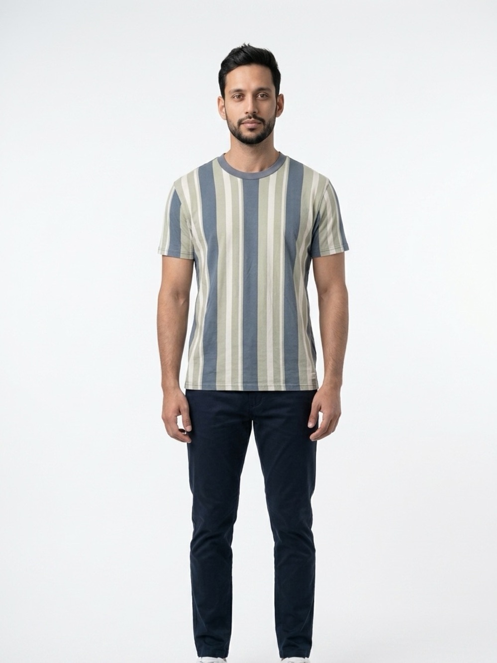 Hollister Striped Short-Sleeve Tee — Blue, Olive & White